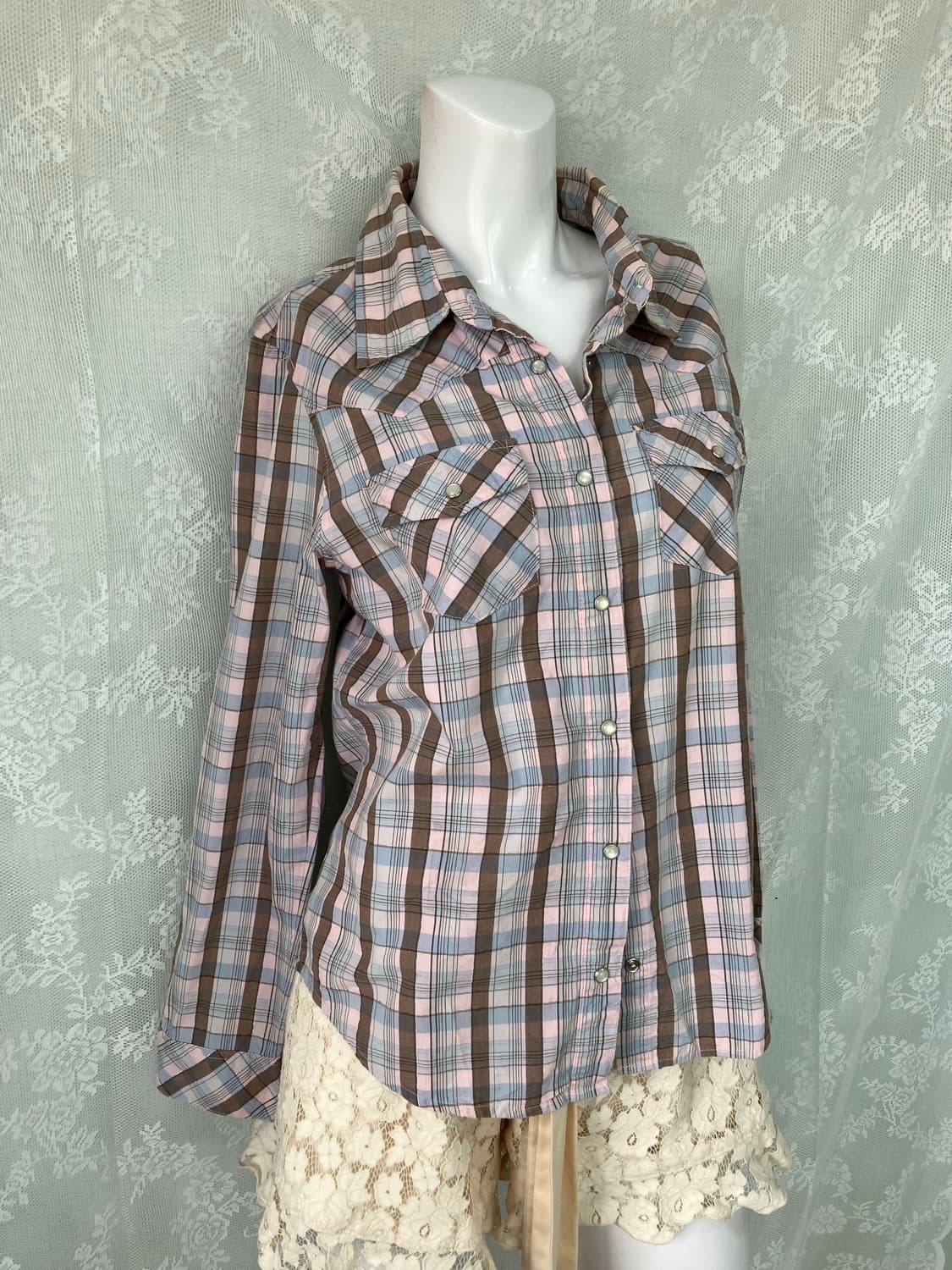 빈티지 핑크 체크 셔츠 1123 모리걸 y2k 스트릿 갸루 펑키 일본빈티 상품이미지1