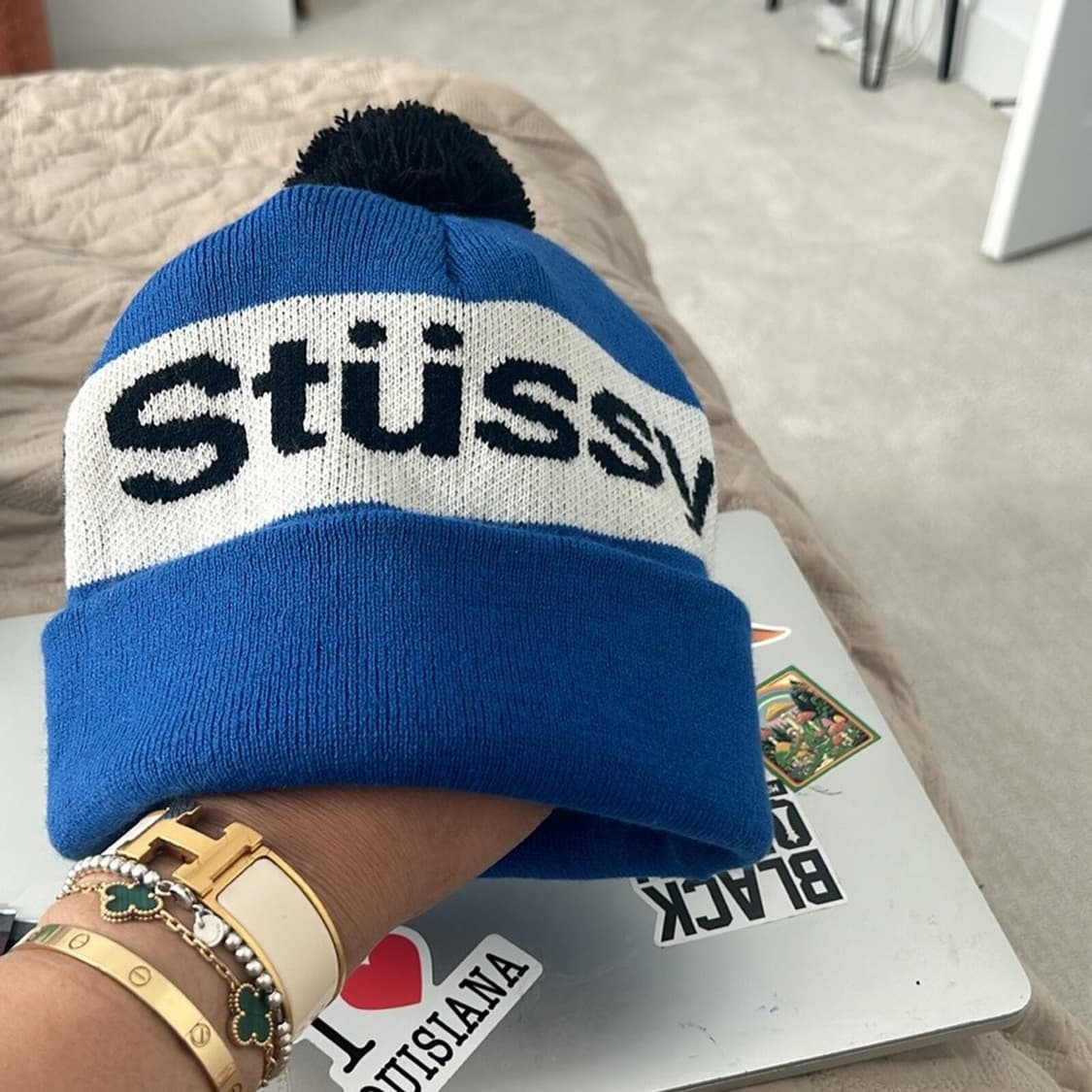 스투시 로고 폼폼 니트 비니 블루/화이트 상품이미지2