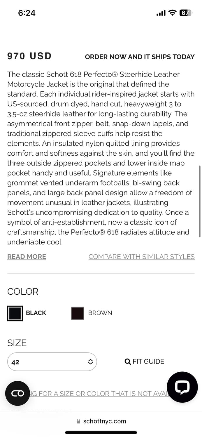 Schott Perfecto 618 size 42 (쇼트 퍼펙토) 상품이미지7