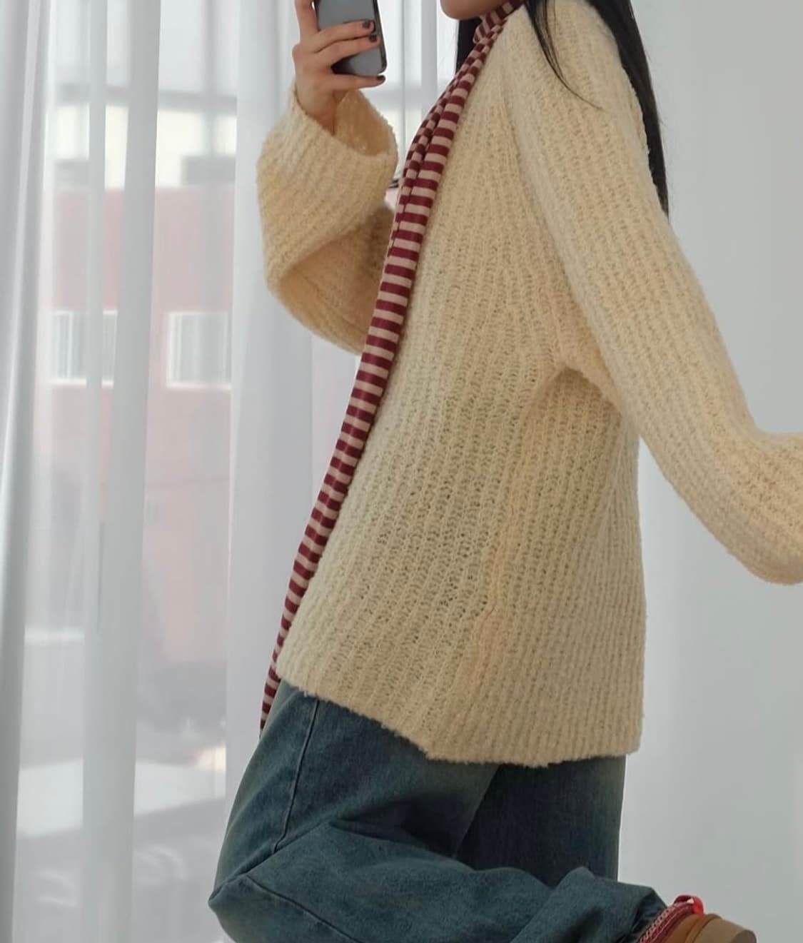 서울베이스드 와인/레드/빨강 줄무늬 면 목도리 스카프 상품이미지7