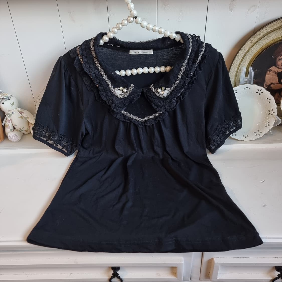 axes femme 블랙 레이스 진주카라 블라우스 상품이미지1