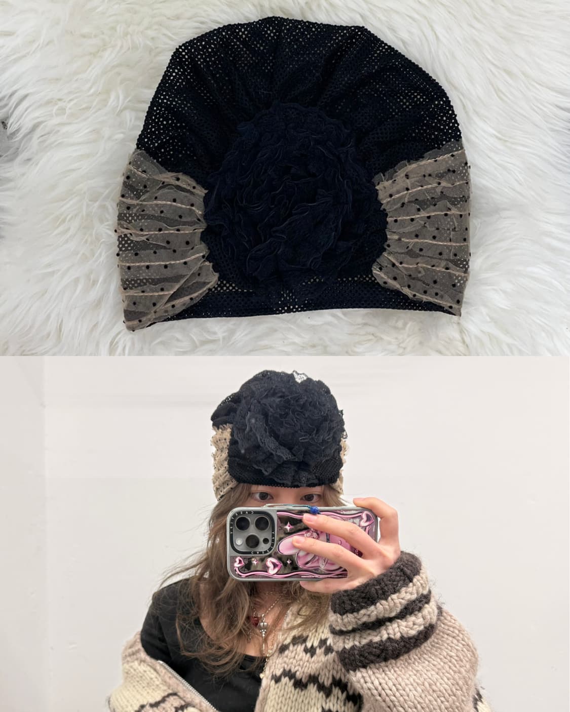 갸루 플라워 망사 도트 비니 상품이미지1