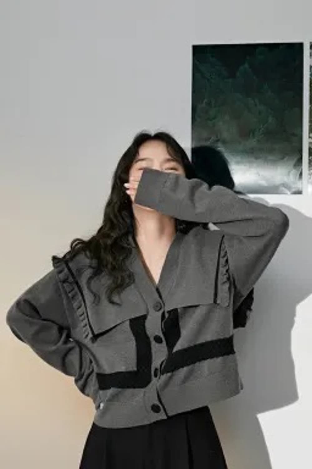 Kuose V-neck Lapel Grey Women Cardigan  상품이미지1