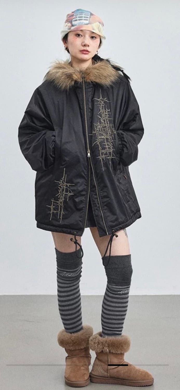 achihara 페이크퍼 윈드브레이커 자켓 블랙 s 상품이미지3