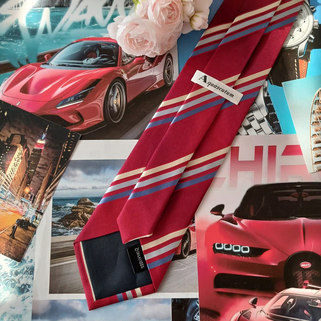 아쿠아스큐텀 실크 레드 스트라이프 넥타이 9.5cm A+등급 A18971 상품이미지4