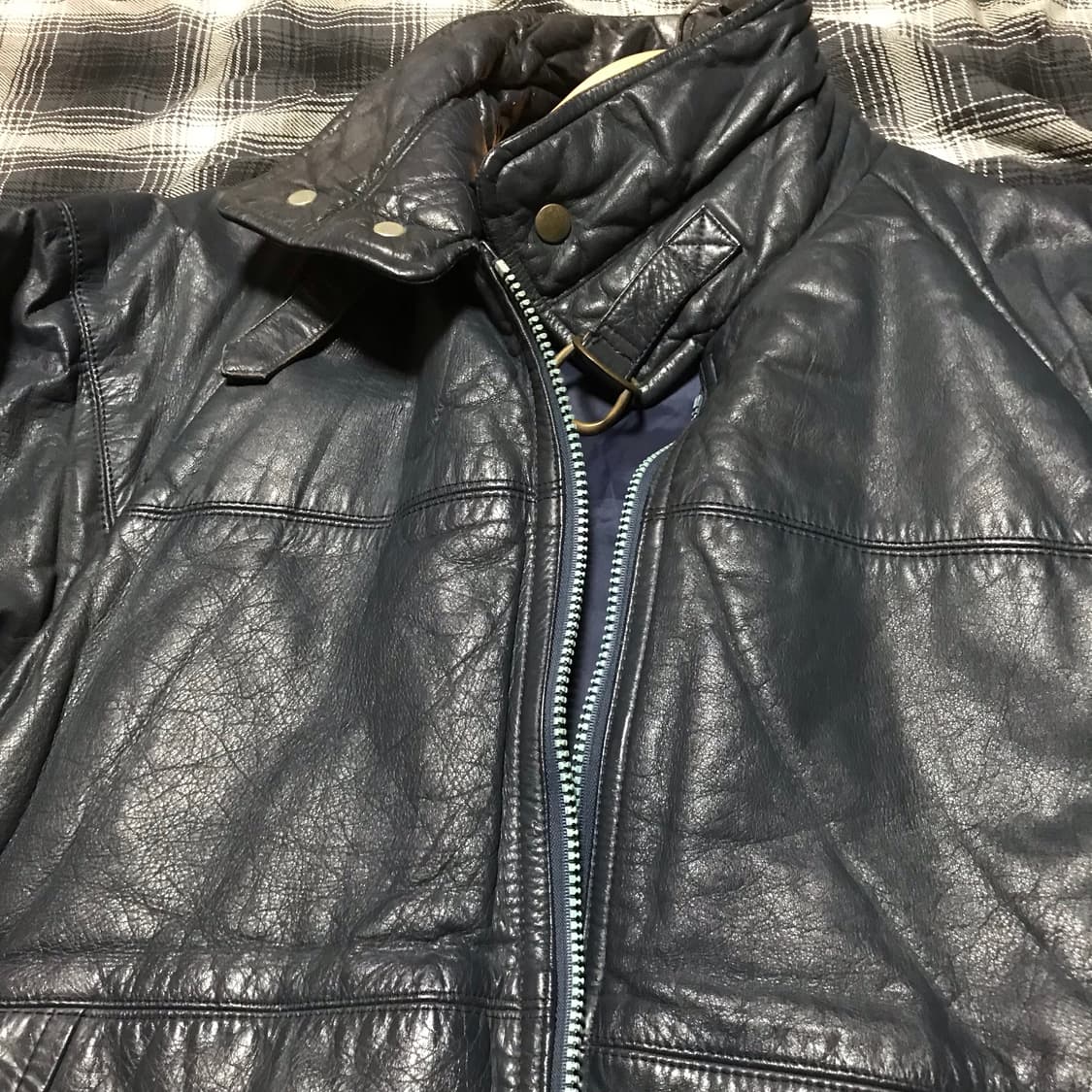 80s 재팬 블루 블랙 리얼레더 가죽 패딩 상품이미지4