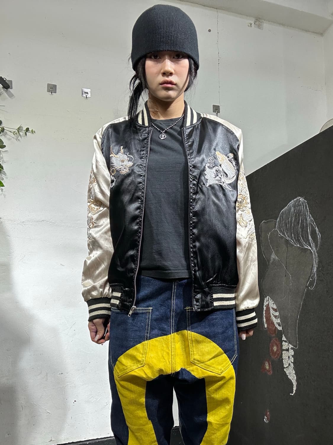 일본빈티지 일심여경 블랙 골드 잉어 용머리 스카잔 M 상품이미지2