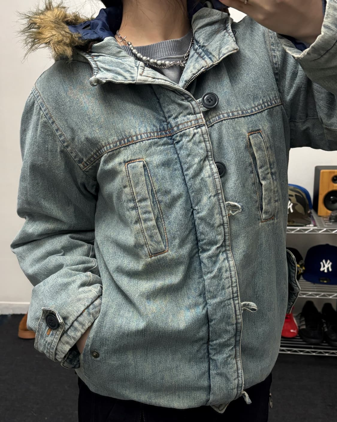 올드 빈티지 퍼 후드 데님 블루종 자켓 상품이미지2
