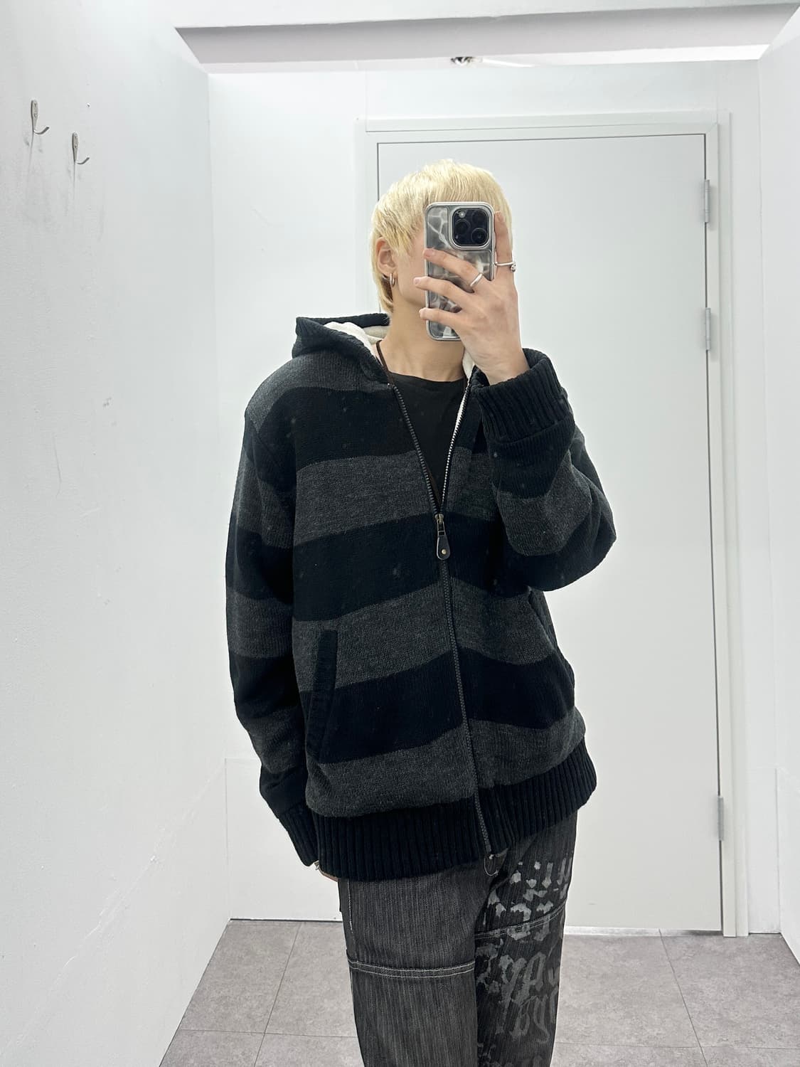 Generate stripe fur knit hood zip up  상품이미지1