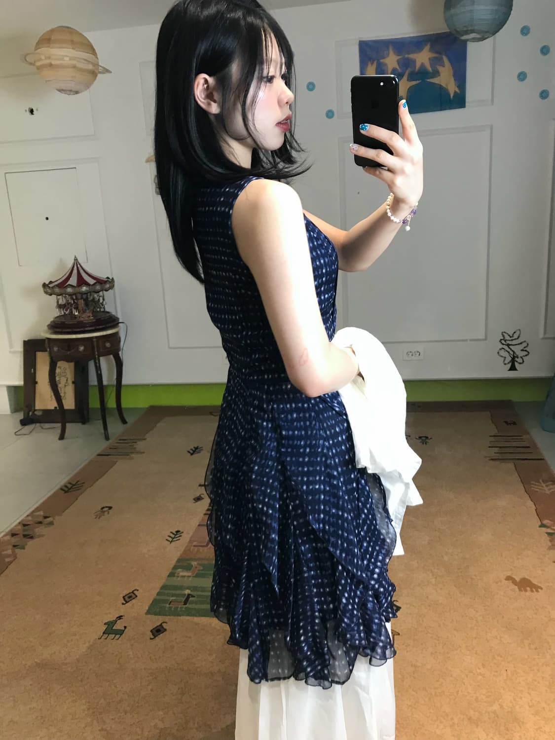 네이비 컬러 도트 원피스에 화이트 펀칭 가디건  코디𖧧 상품이미지4