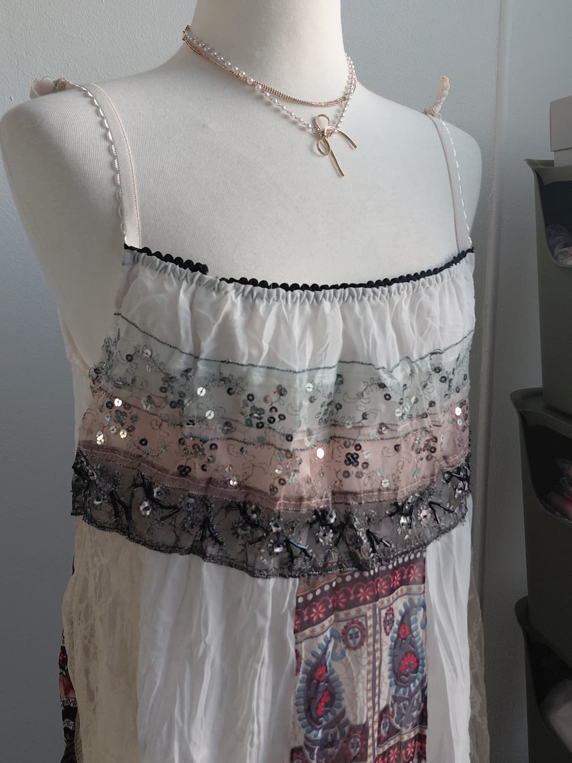 [빈티지] 패치워크 레이스/프린트 끈나시 원피스 상품이미지3