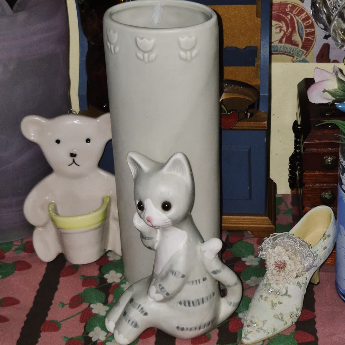 90s 일본 세토 핸드메이드 고양이 피겨린 기둥 꽃병 상품이미지6