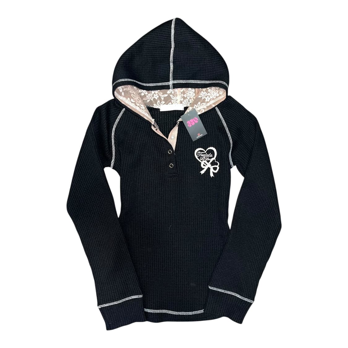 TRALALA 트랄라라 핑크 스티치 레이스후드와플 긴팔티 갸루키치y2k 상품이미지1