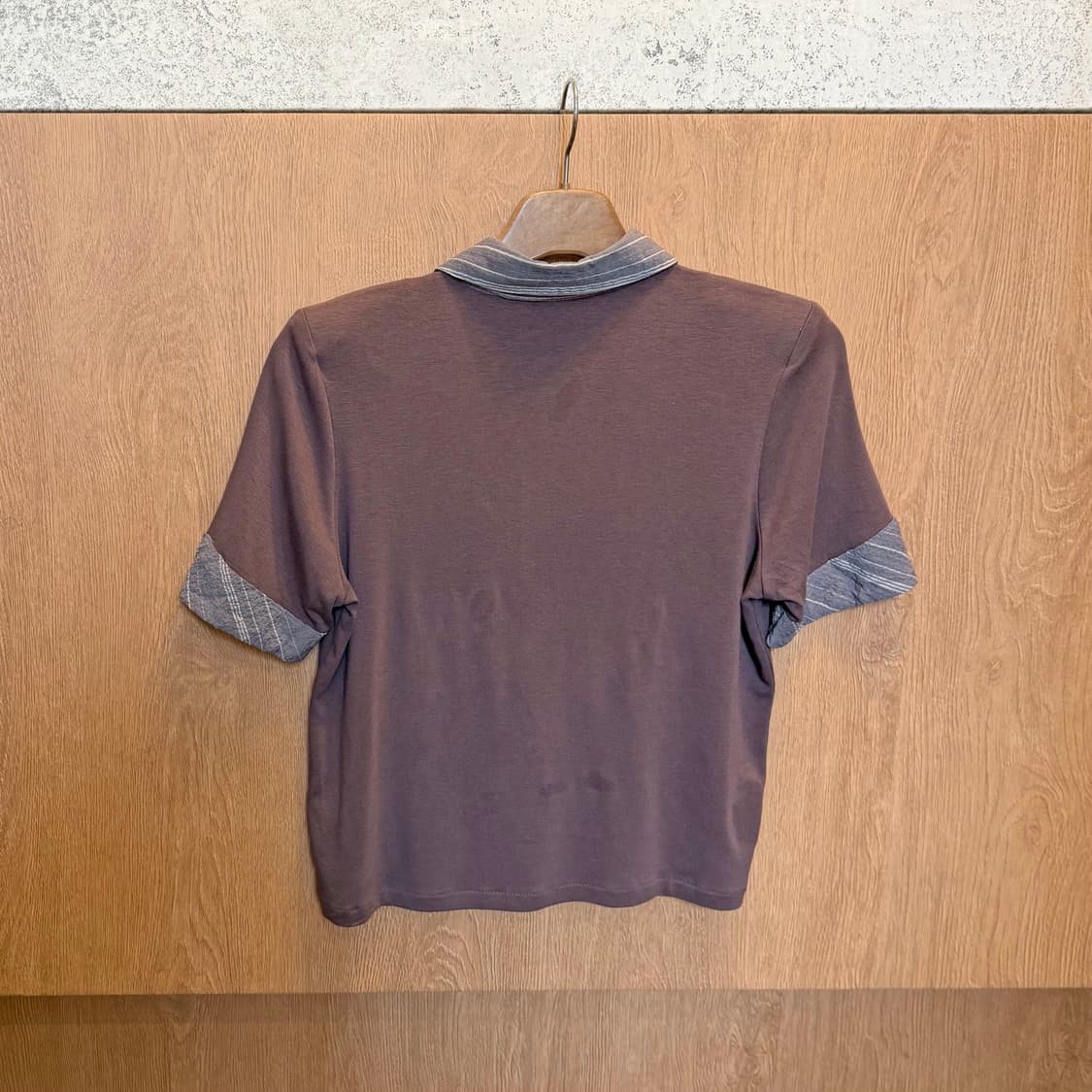 빈티지 반팔 티셔츠 스트라이프 카라 프릴 디테일 루즈핏 브라운 상품이미지6