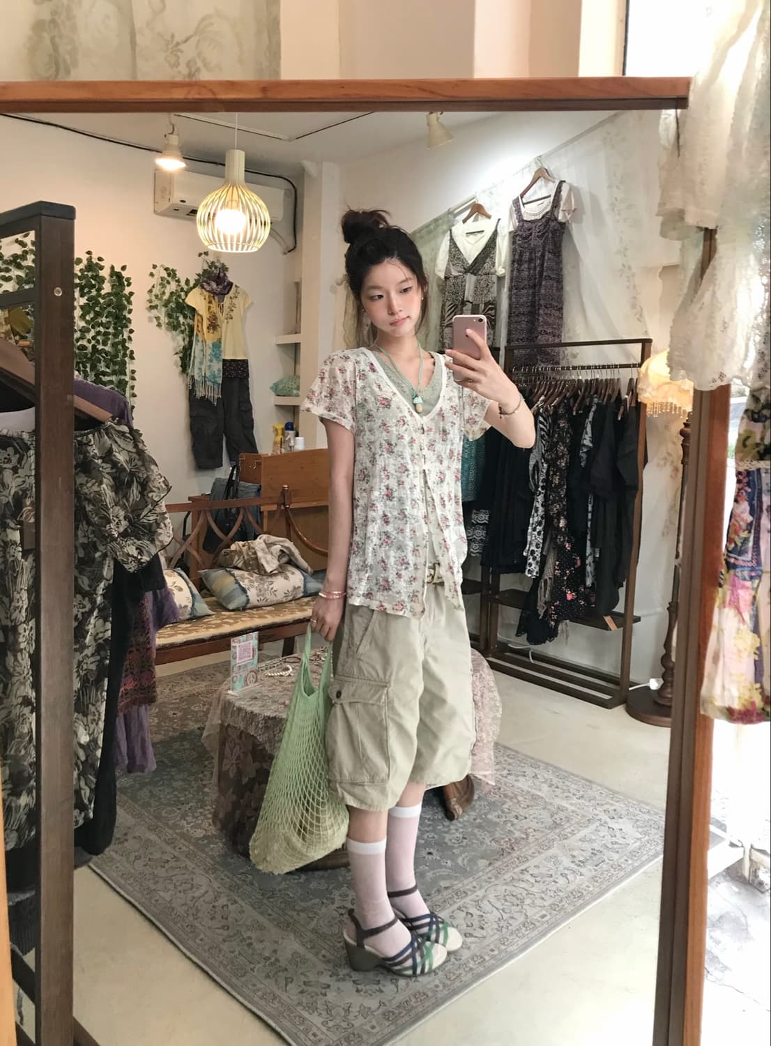리바이스 뮤트 민트 그레이 플라워 카고 하프팬츠 캐주얼 하구미 코디 세트 상품이미지1