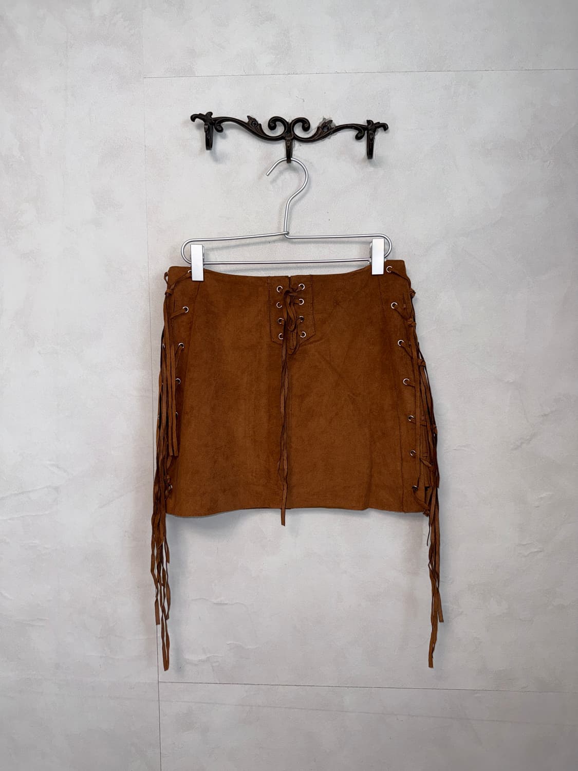 Camel brown western fringe laceup skirt  상품이미지2