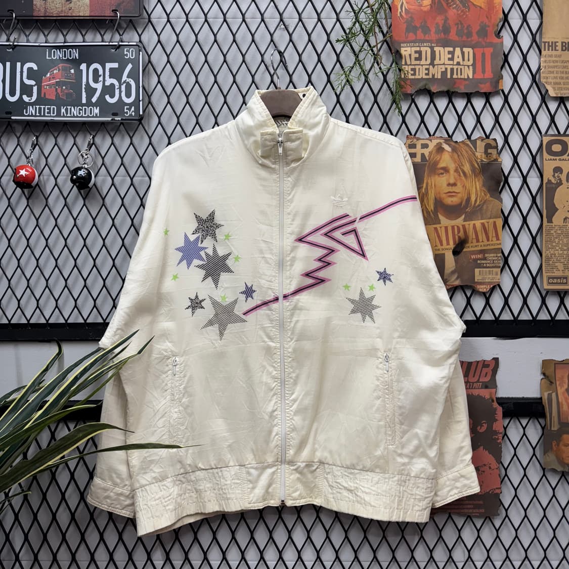 00s 아디다스 올드스쿨 바람막이 별 패턴 네온 컬러 포인트 화이트 상품이미지1