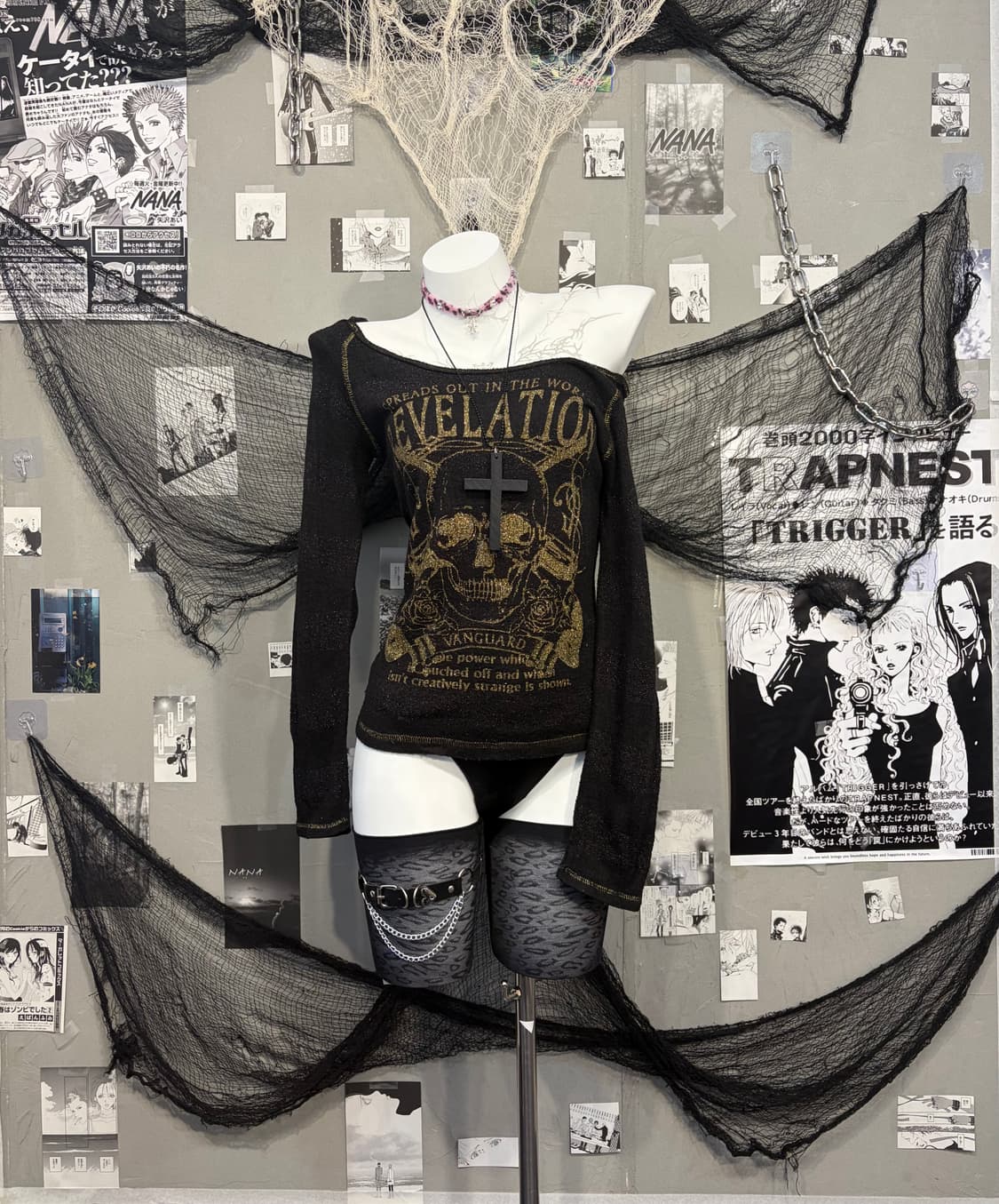 PUNK Glitter skull Stripe off-shoulder  상품이미지1