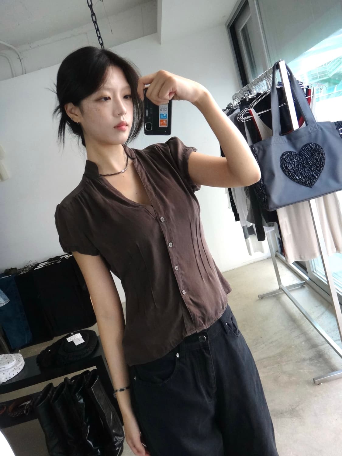 Alfani petite silk half blouse / brown 상품이미지4