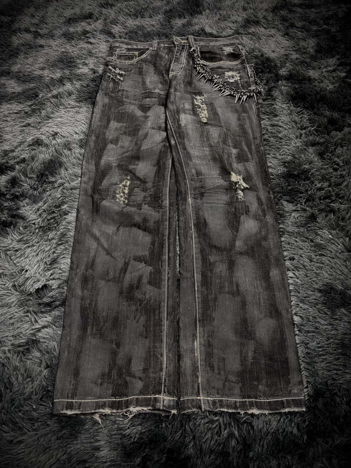 블랙 그런지 워싱 와이드 데님팬츠 상품이미지1