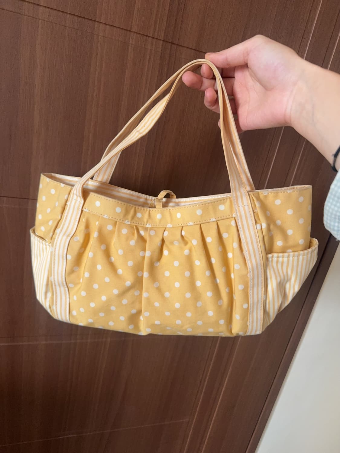 일본 빈티지 모리걸 하구미 옐로우 도트 스트라이프 토트 핸드백 모리 가방 상품이미지2