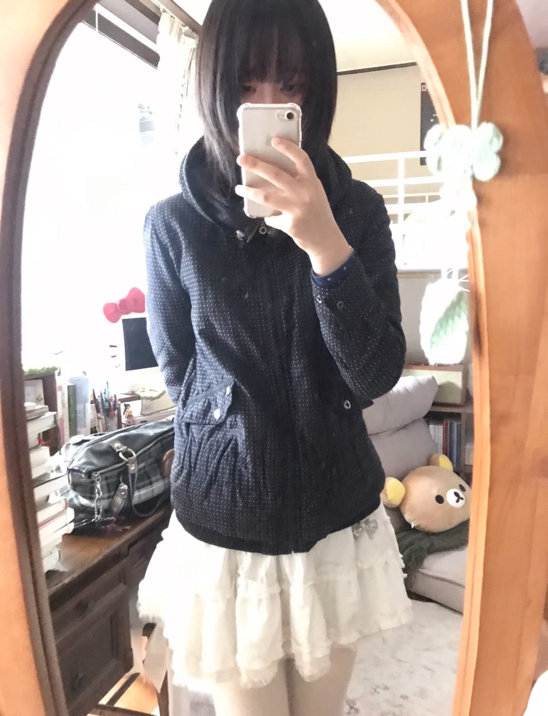 빈티지 도트 패딩 후드집업 상품이미지1