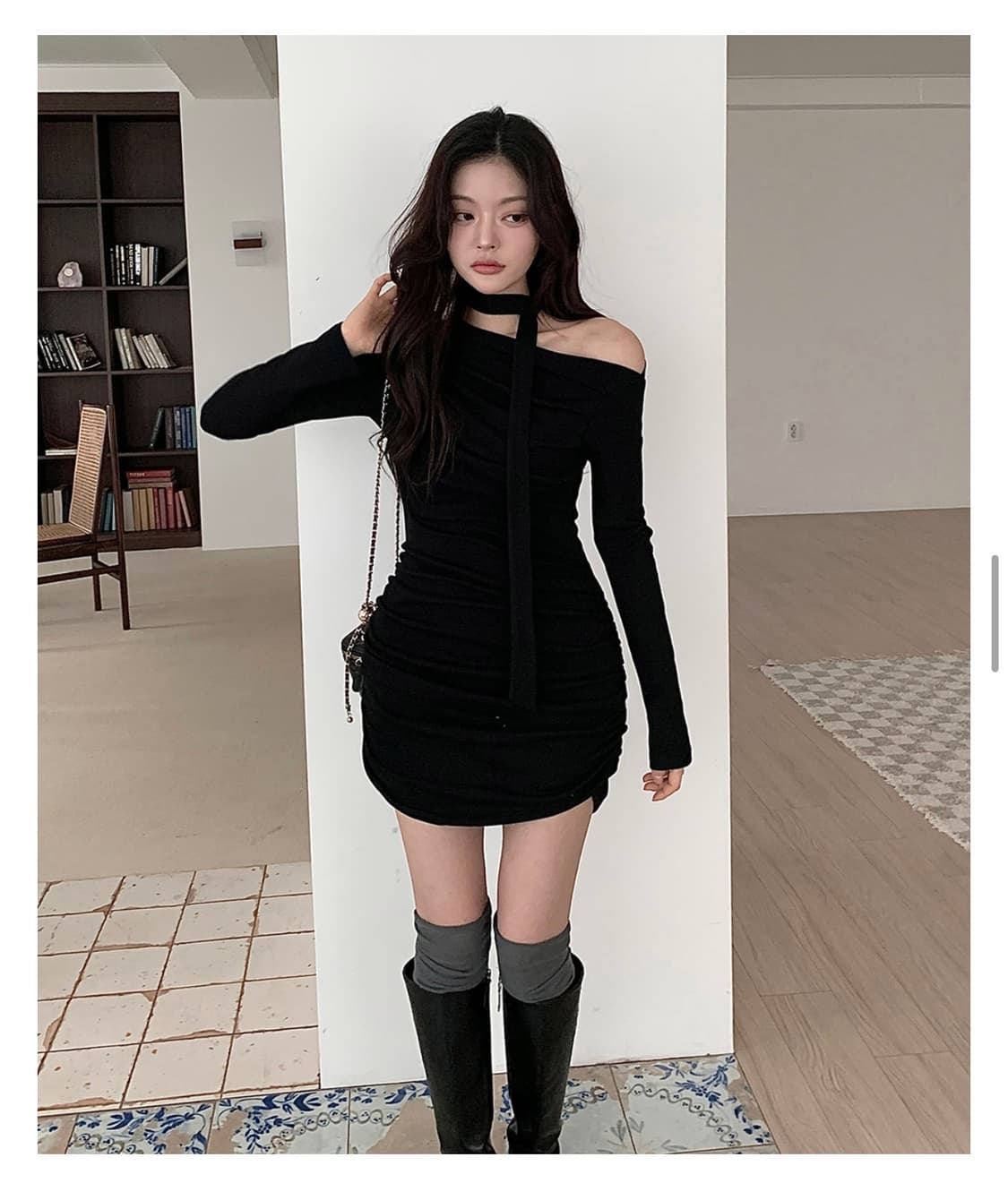 오프숄더 셔링 타이 원피스 상품이미지4