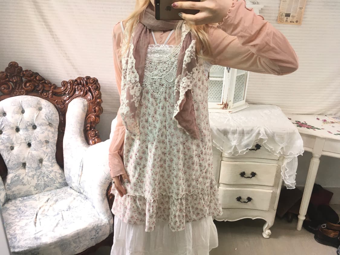 Set)잔꽃 하구미 원피스+홀터 레이스 나시+코랄블라우스 +레이스머플러 상품이미지2