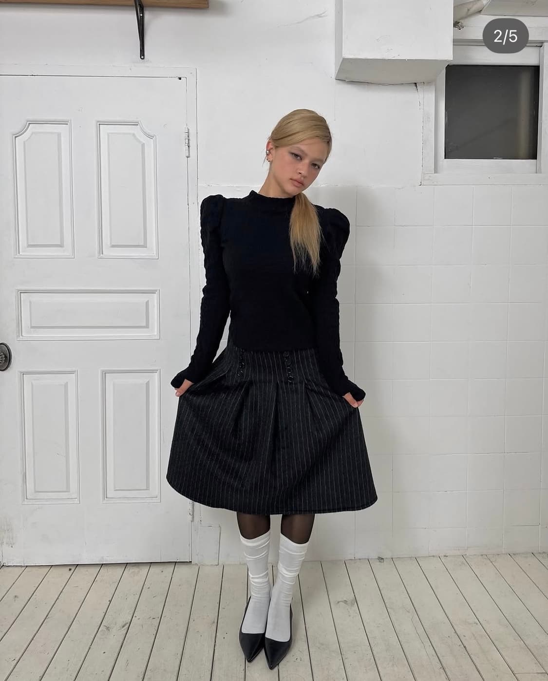 카나리 다크 그레이 울 스커트 DARK GREY WOOL STRIPE 상품이미지2