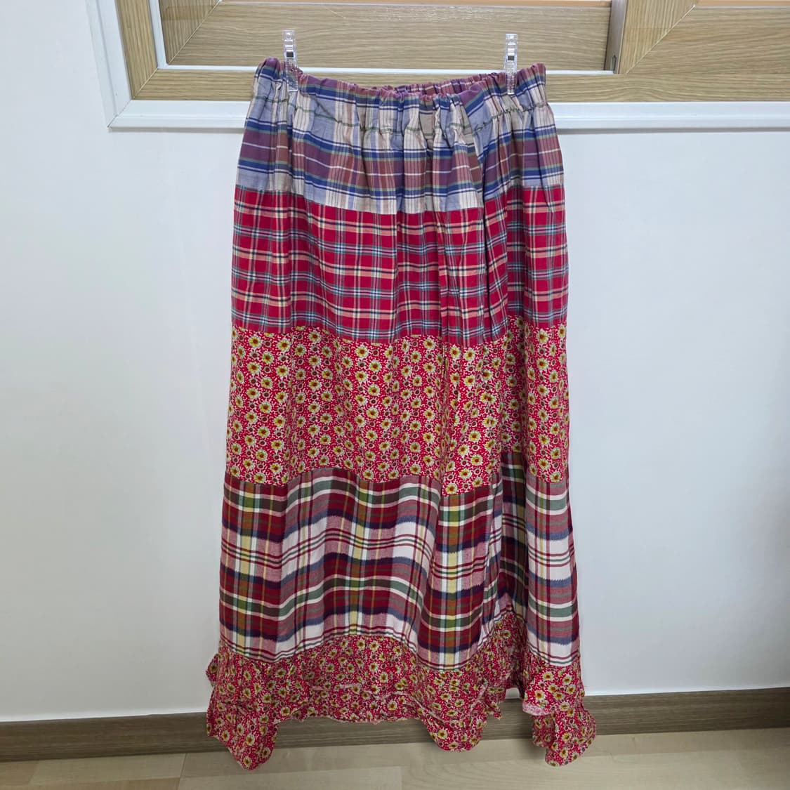 일본빈티지) 패치워크 체크 플로럴 모리걸 롱캉캉 롱스커트 상품이미지2