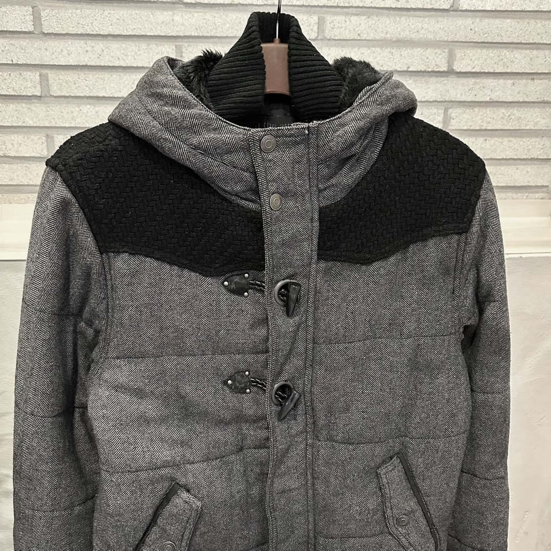 JPN VINTAGE 후드 패딩점퍼 헤링본 패턴 하이넥 디테일 그레이 상품이미지3