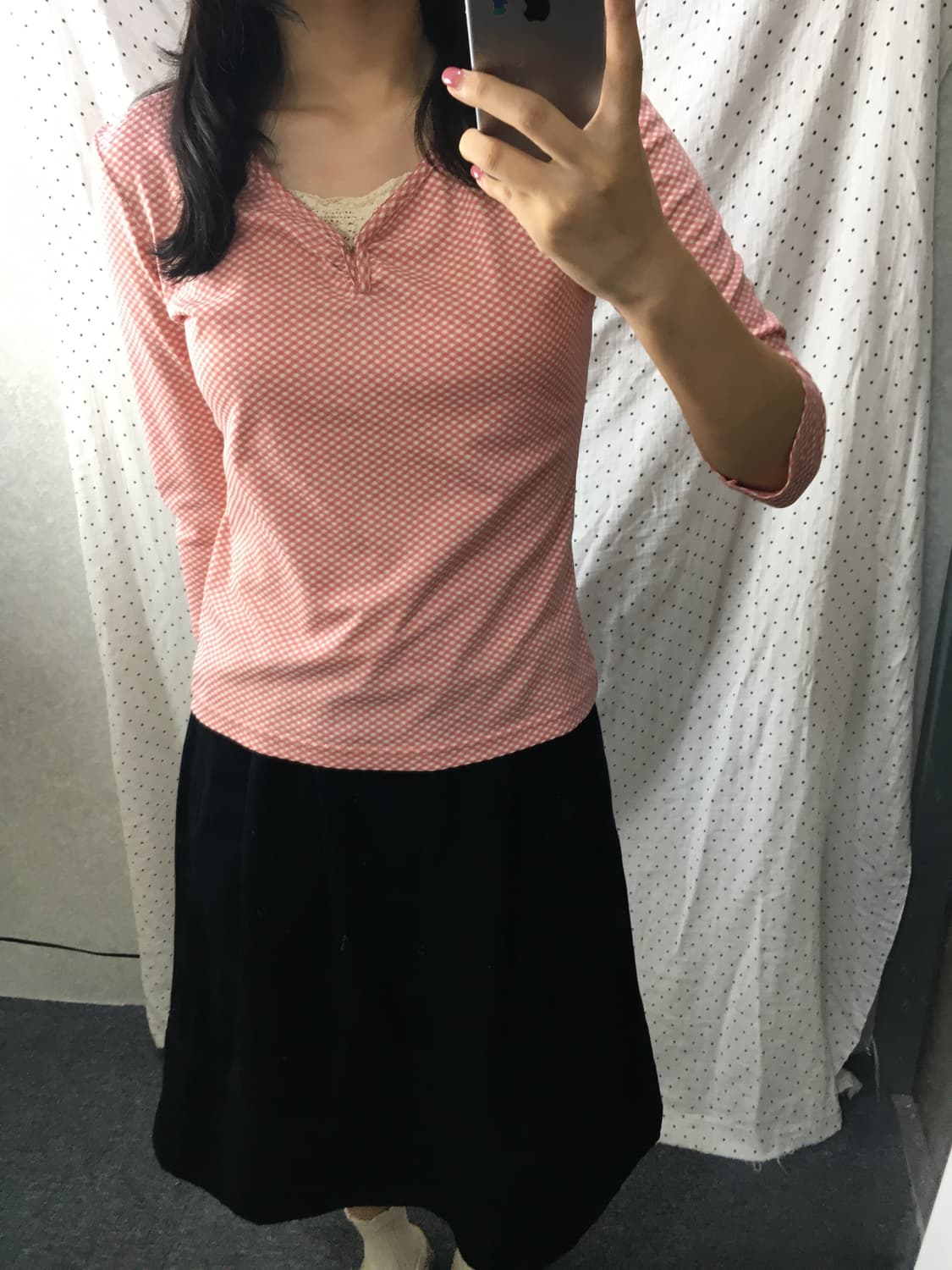 핑크 체크 7부 티셔츠 상품이미지2