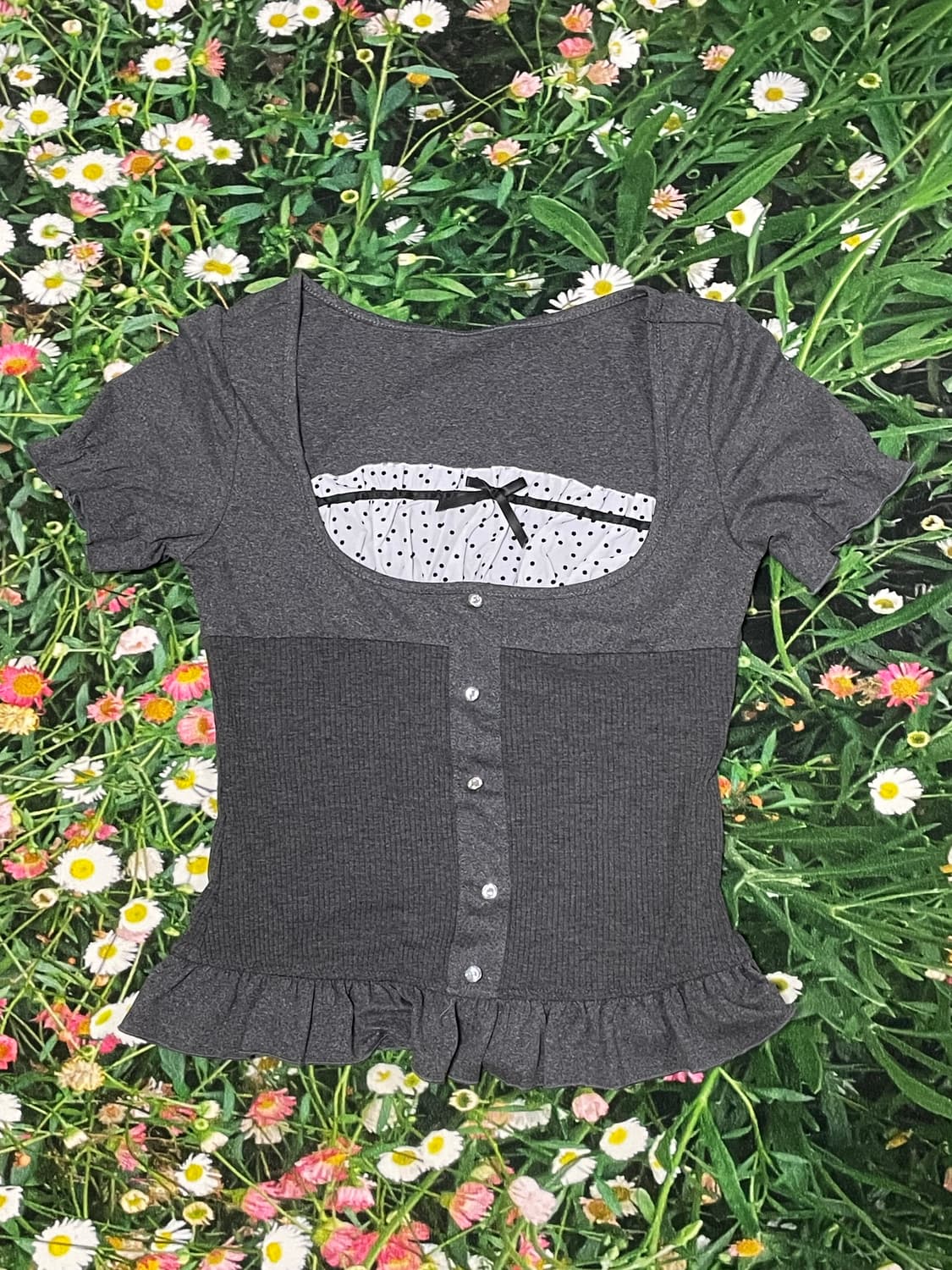 쉬인 공겜여주깔 러블리 블라우스 티셔츠 차콜 상품이미지1