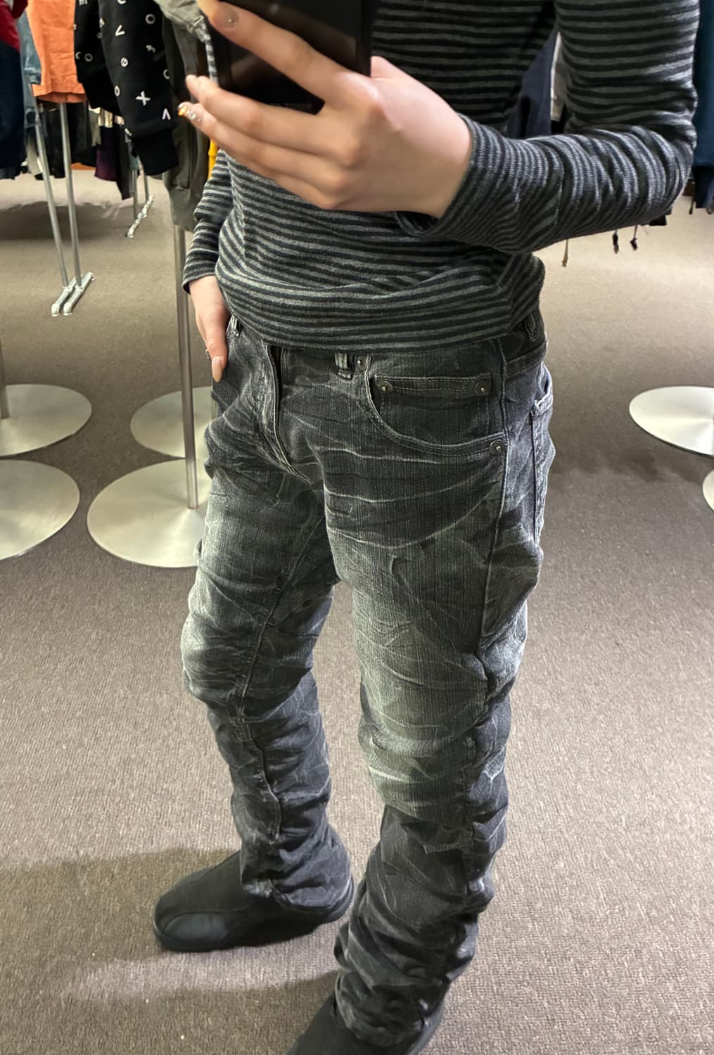 OS)재패니즈 빈티지 워시드 흑청 셔링 데님팬츠 상품이미지2