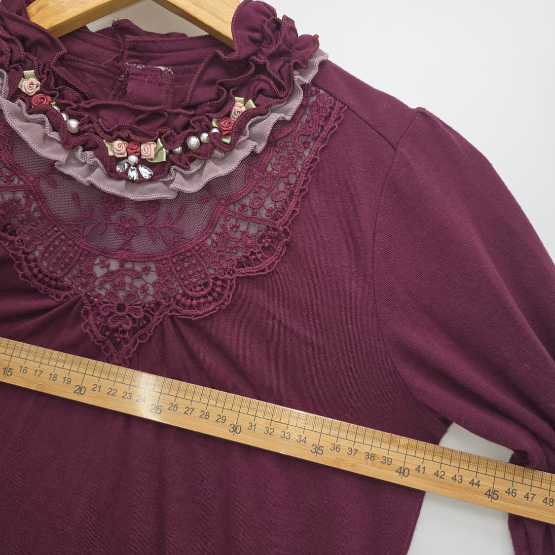 axes femme 레이스 장식 긴팔 티셔츠 버건디 상품이미지5