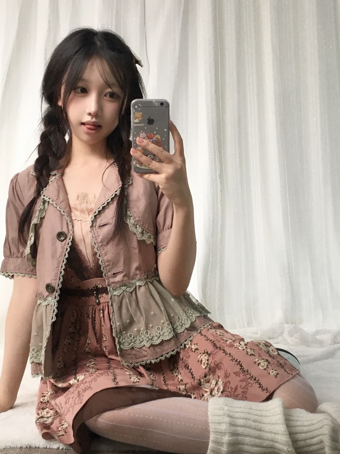 빈티지 인디핑크 플라워 원피스 레이스 자켓 코디세트 상품이미지1