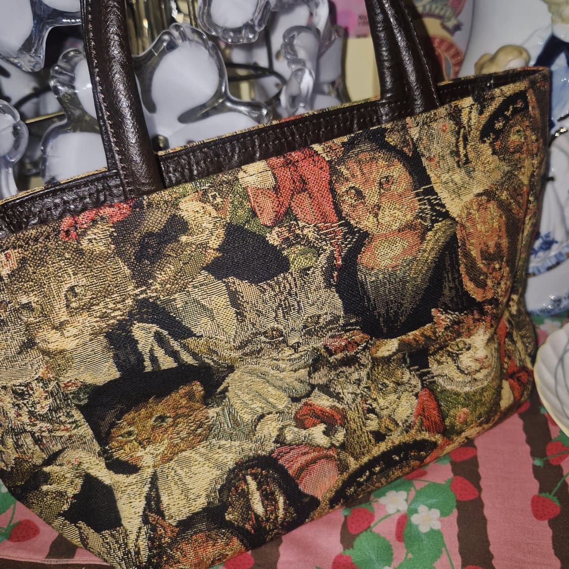 90s 야마토야 엔틱 고블랭 레더 고양이 핸드백 상품이미지8