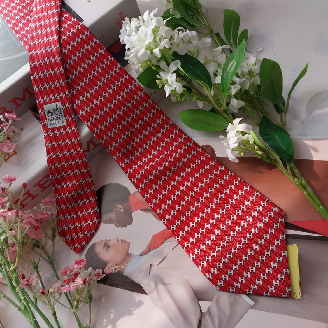 에르메스 실크 레드 H 모티브 넥타이 9.5cm A+~A등급 K2042 상품이미지3