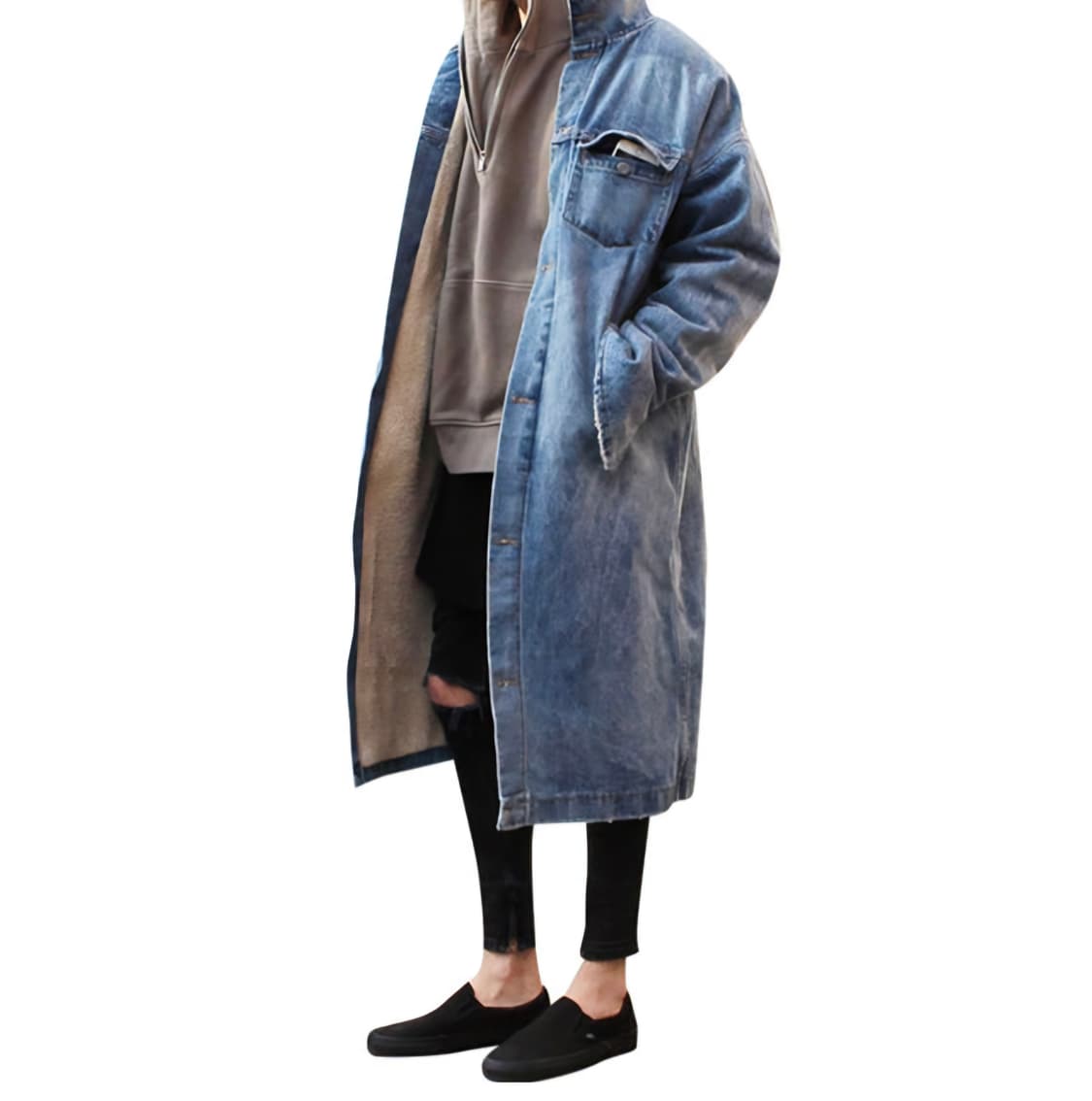 데님 쉐르파 롱코트, 롱자켓, 겨울코트, 남녀공용 상품이미지1