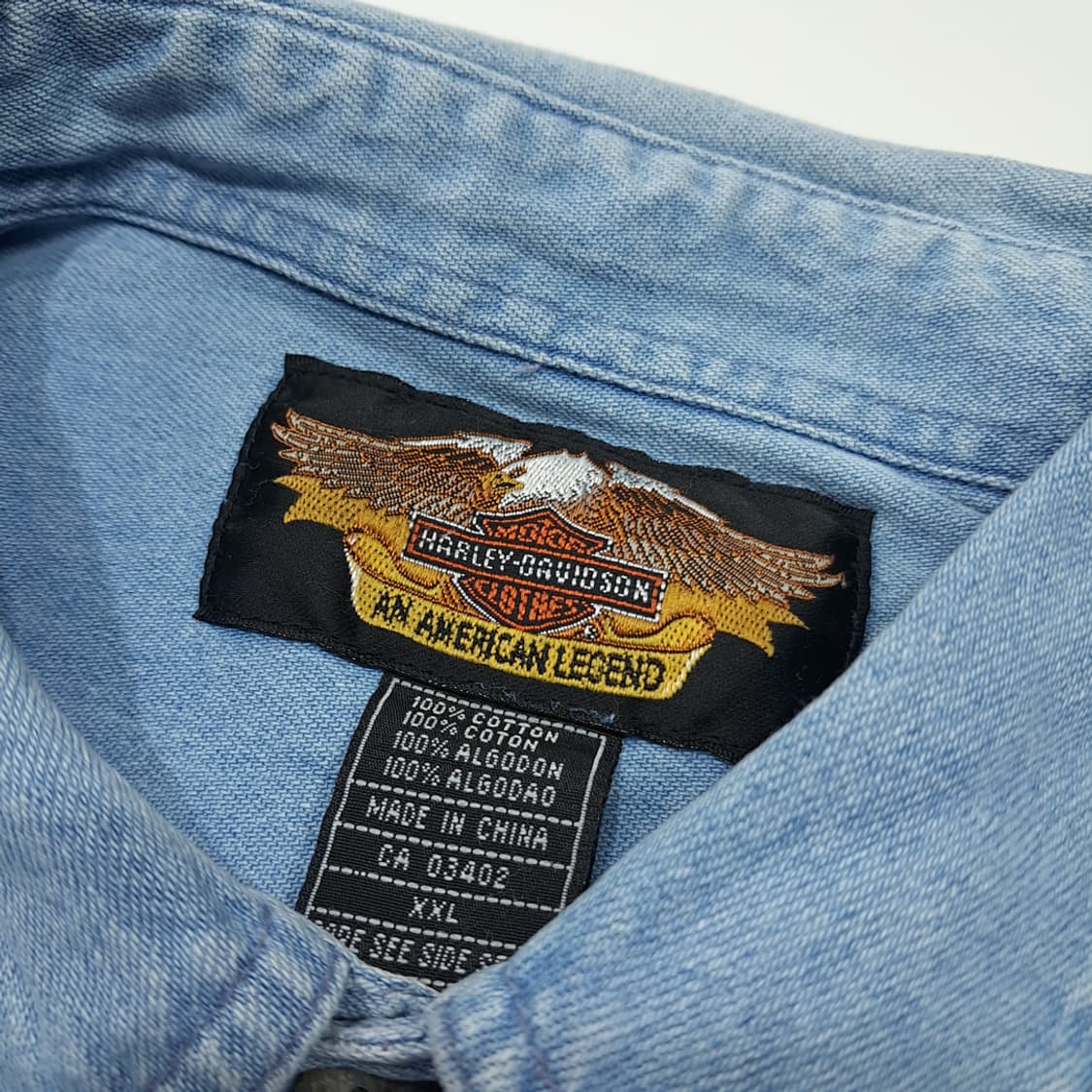 CL454 2XL 할리데이비슨 90s 코튼 자수 연청 데님셔츠 남방 상품이미지3