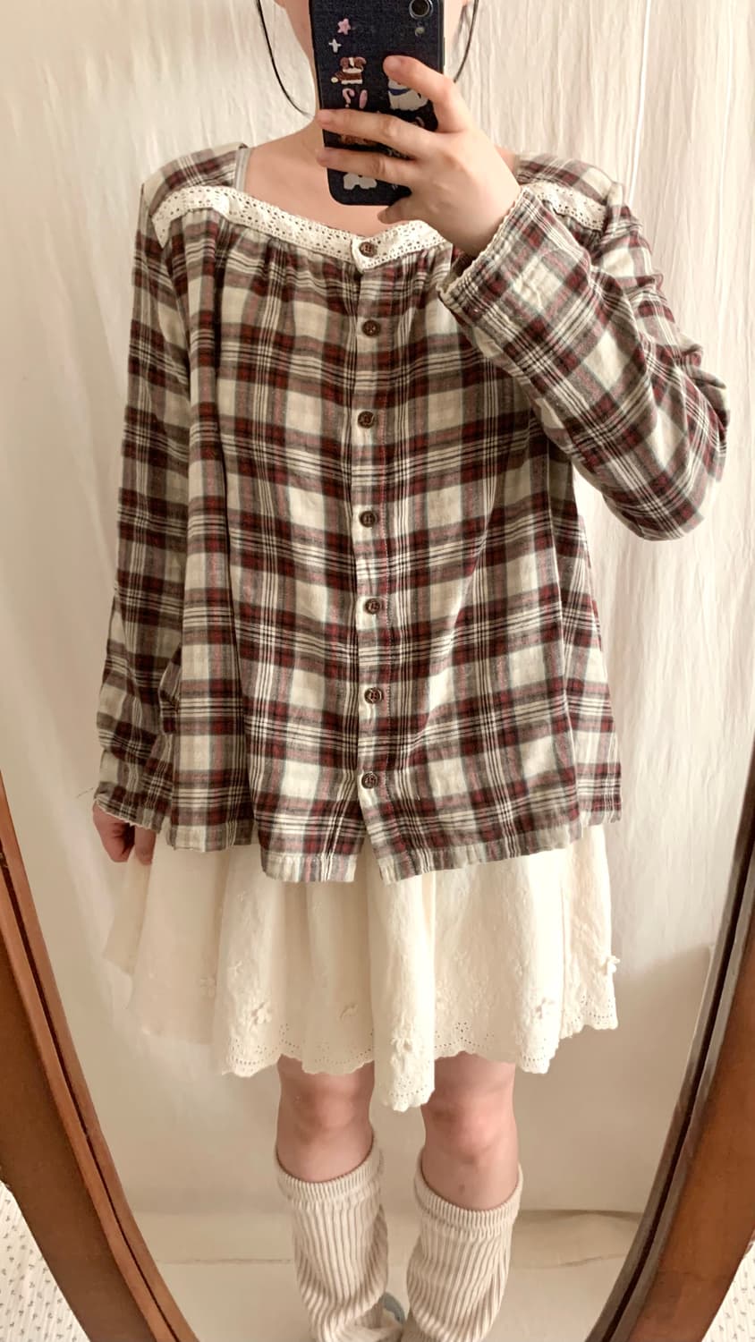 모리 스퀘어 체크 레이스 블라우스 상품이미지5