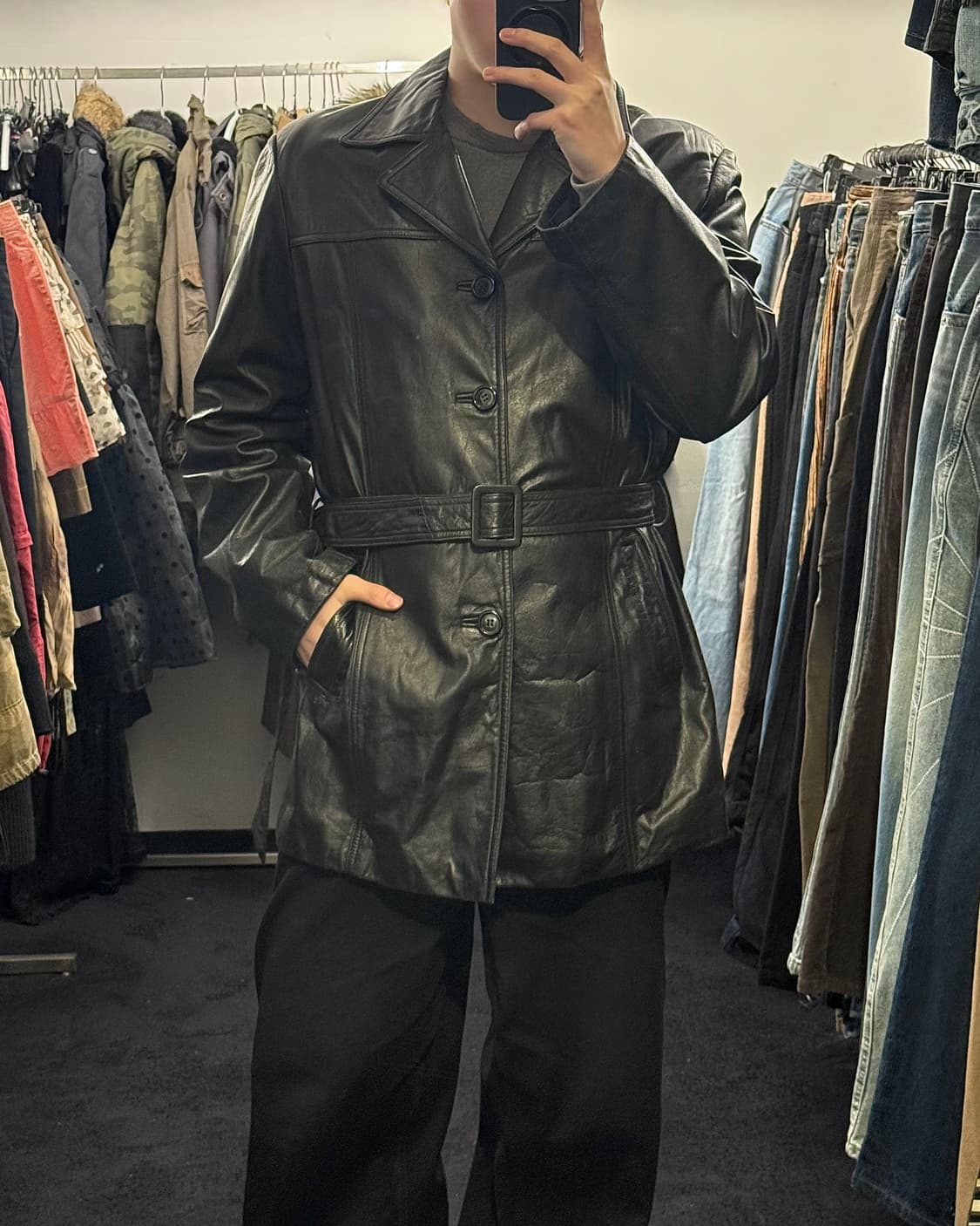 ROUGH 러프 소가죽 벨티드 벨트 고리 가죽 레더 롱 코트 오픈 카라  상품이미지1