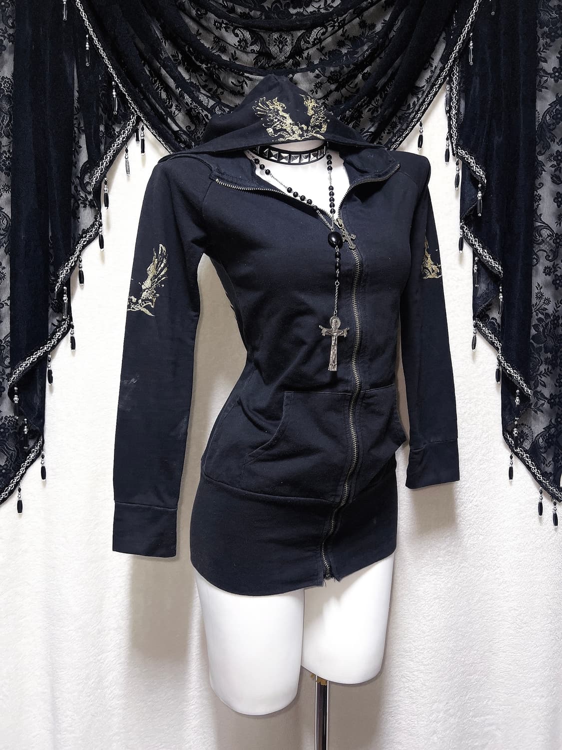 오네갸루 고스펑크 y2k 00 그런지 핀터 날개 윙 프린팅 후드집업원피스 상품이미지3