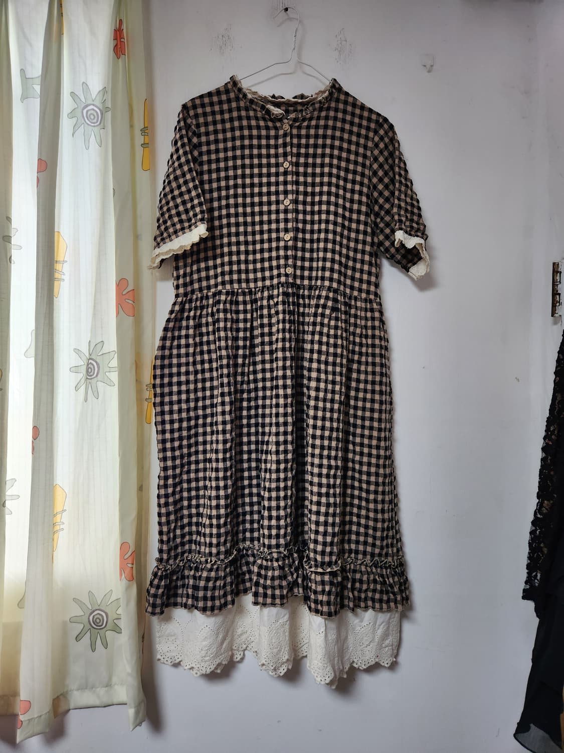 빈티지 체크 롱 원피스 레이스 F(~77) 상품이미지1