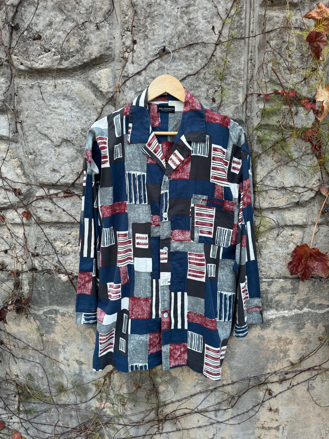 일본 빈티지 오픈 카라 에스닉 패턴 셔츠 L 상품이미지1