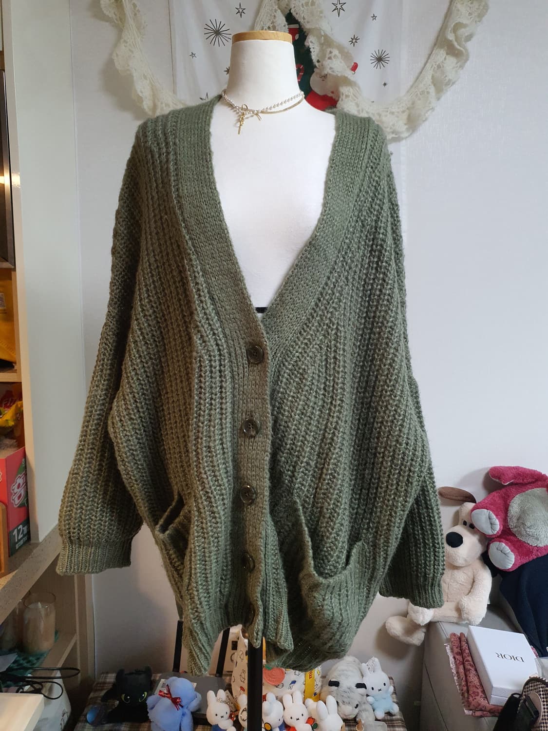 [모리걸] 루즈핏 오버핏 브이넥 니트 가디건 카키 상품이미지1