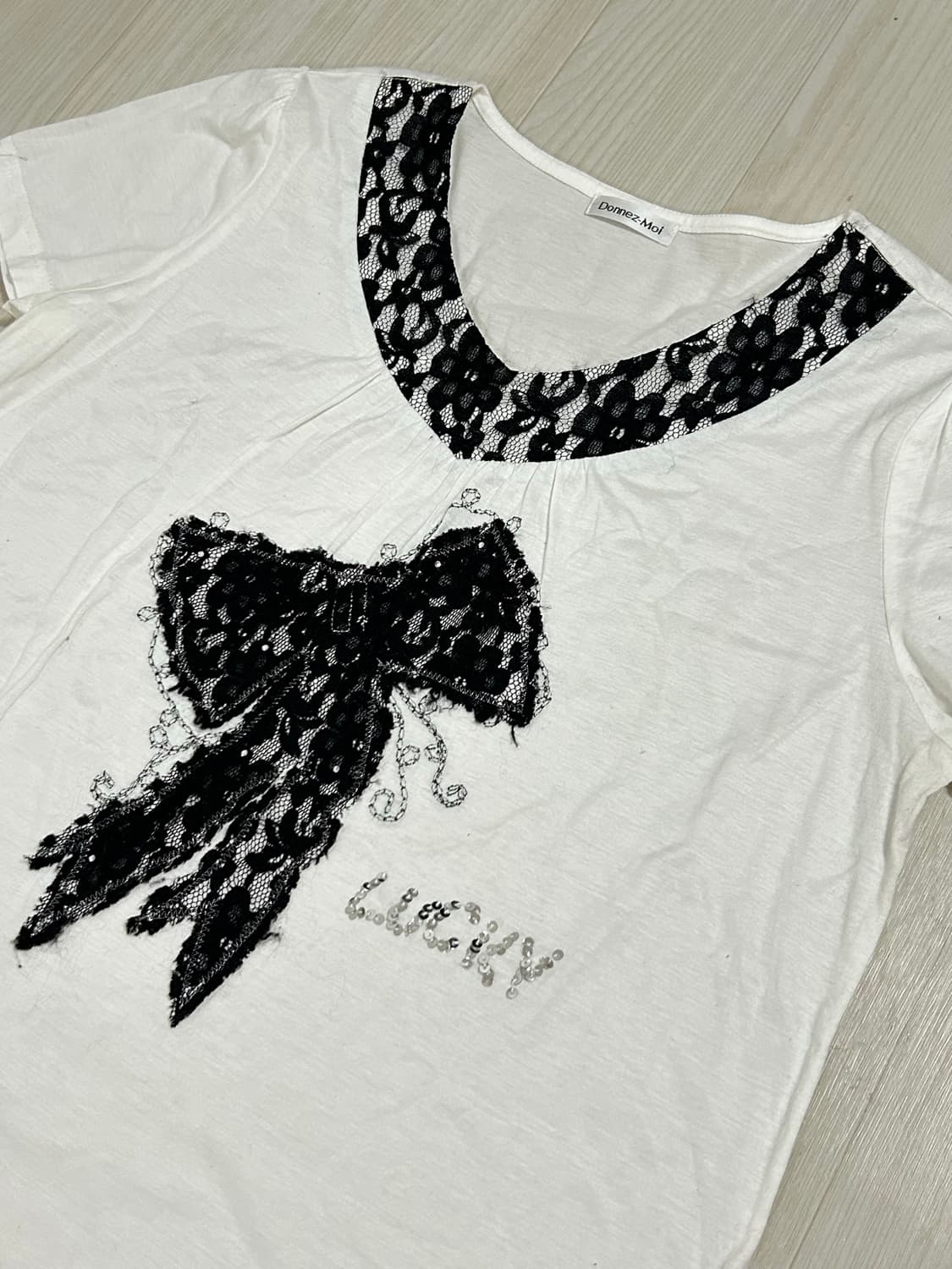 빈티지 레이스 리본 갸루 브이넥 반팔탑  상품이미지2