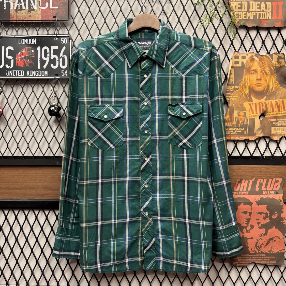 랭글러 웨스턴 체크 패턴 셔츠 전면 투포켓 포인트 그린 상품이미지1