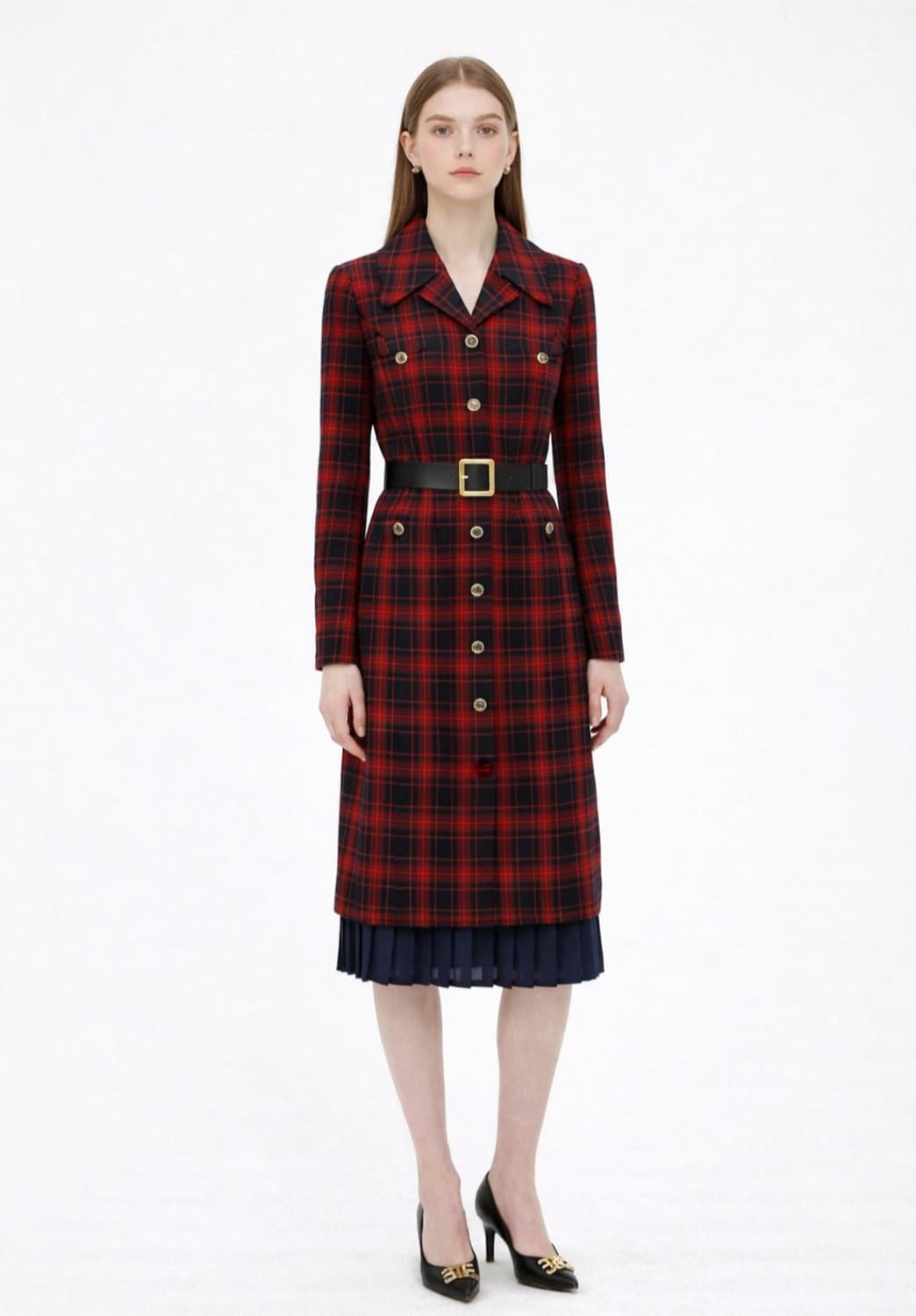 모조에스핀 더블버튼 밑단플리츠 원피스 55사이즈 상품이미지1