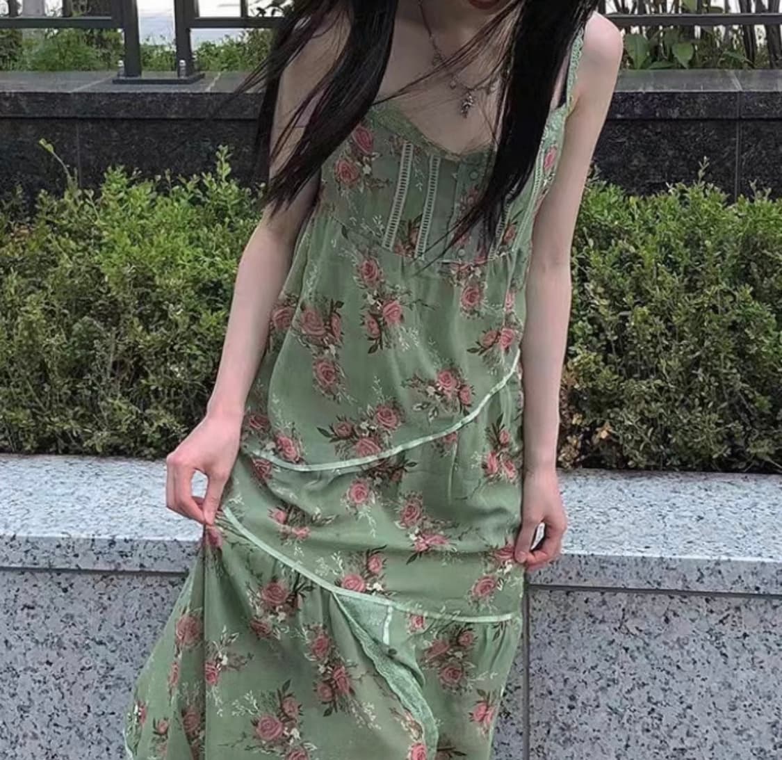 그린 꽃무늬 레이스 롱 원피스 상품이미지2